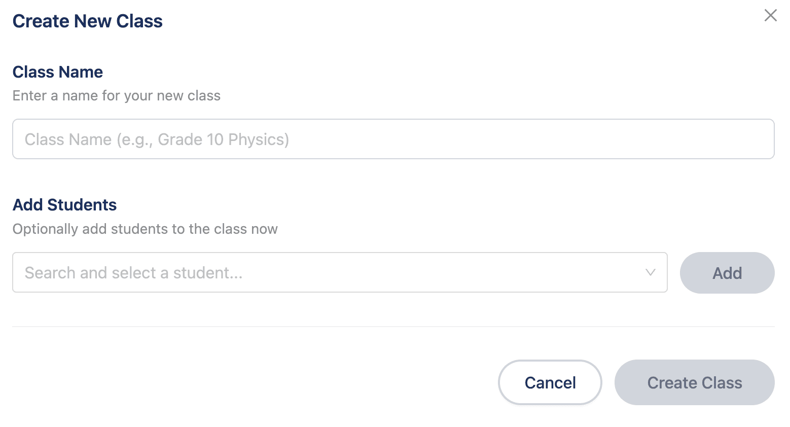 A modal to create a new class