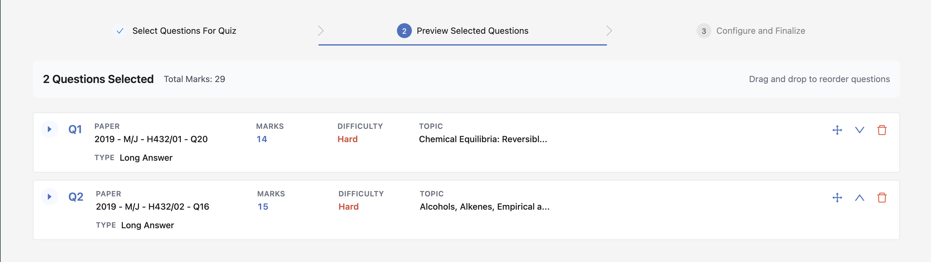 Preview Selected Questions page showing questions with drag and drop reordering