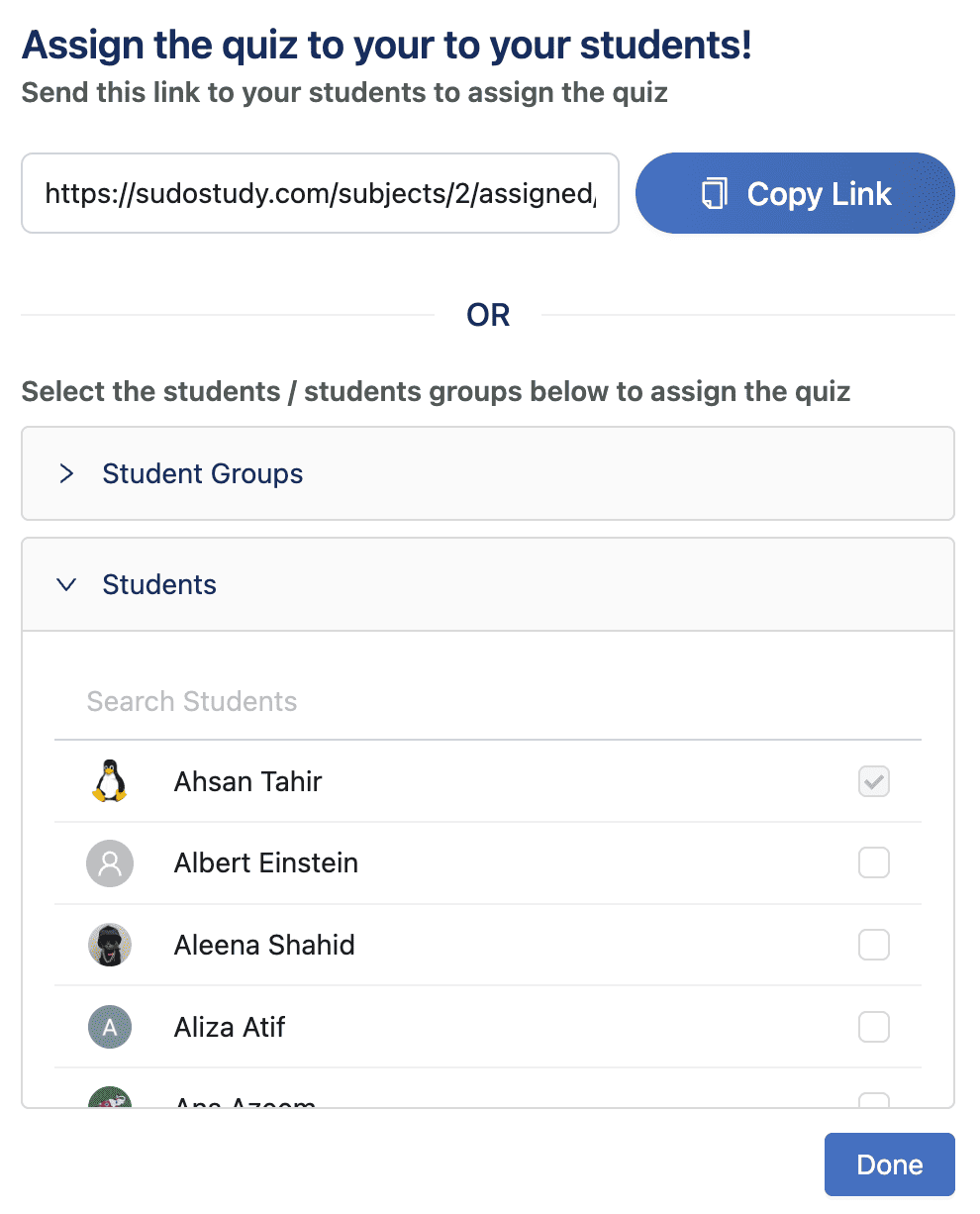 Students tab in assignment modal showing list of students with checkboxes to assign quiz
