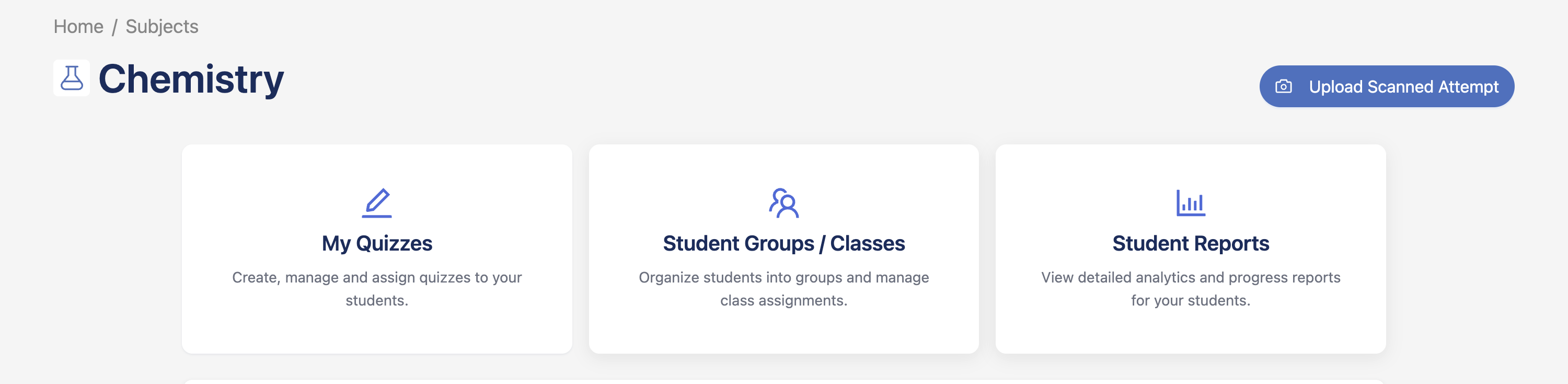 Teacher subject dashboard showing My Quizzes, Student Groups, and Student Reports options